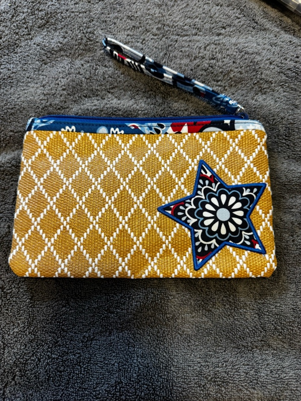 Vera Bradley Mustard Yellow Woven Wristlet with Navy Star Applique